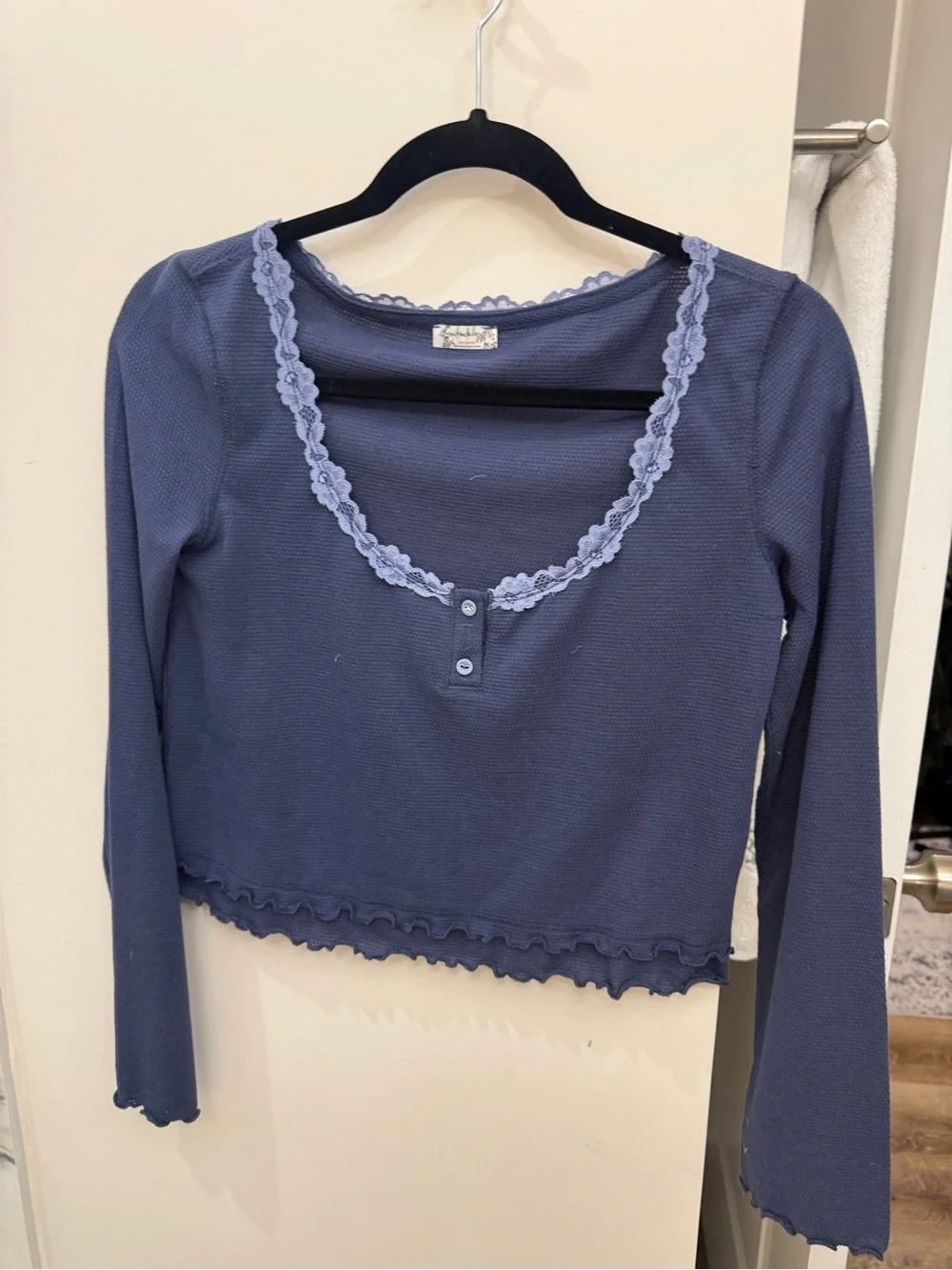 Free People Navy Lace-Trim Henley Top & Boxer Short Sleep Set